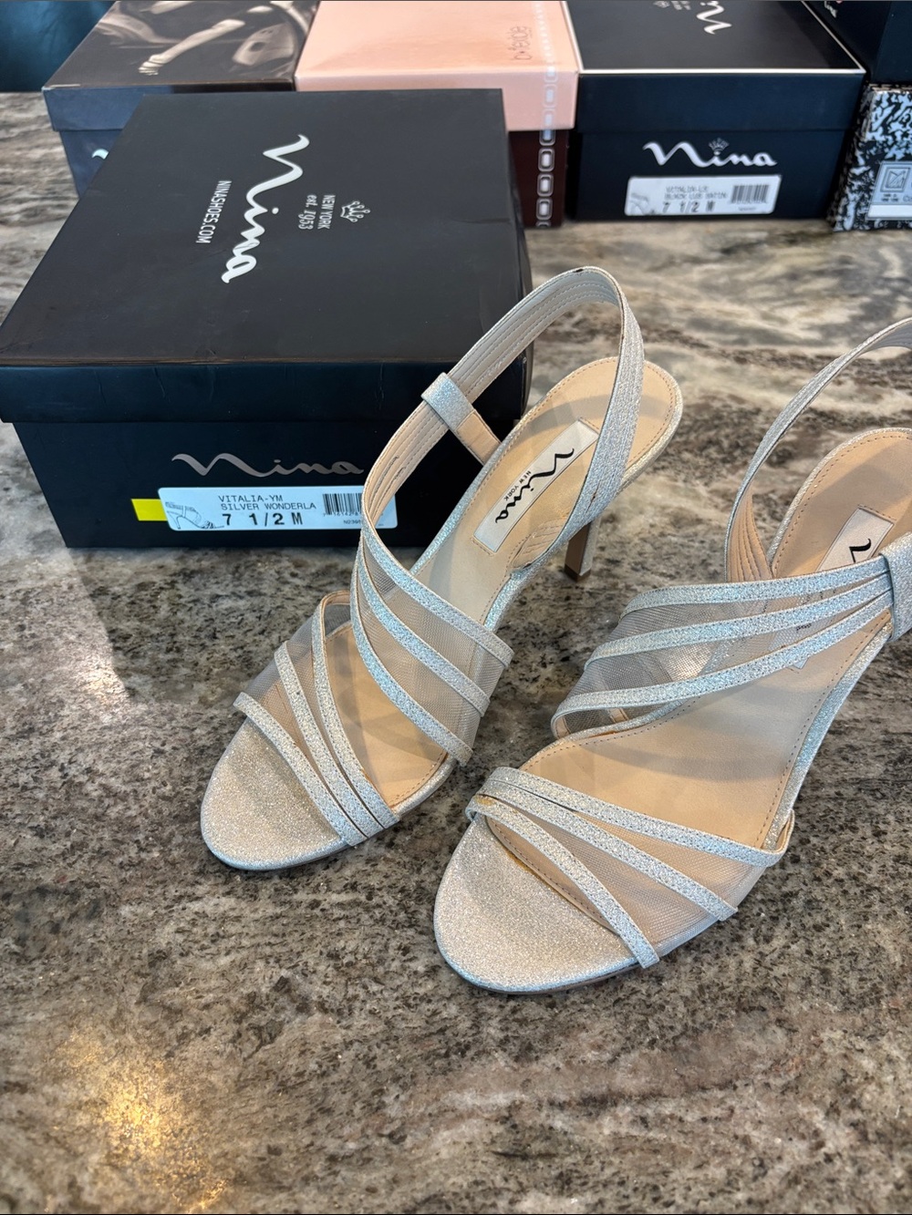 Nina Silver Glitter Strappy Slingback Heels